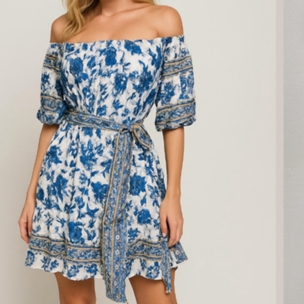 Taylor Blue and White Off-Shoulder Floral Midi Dress